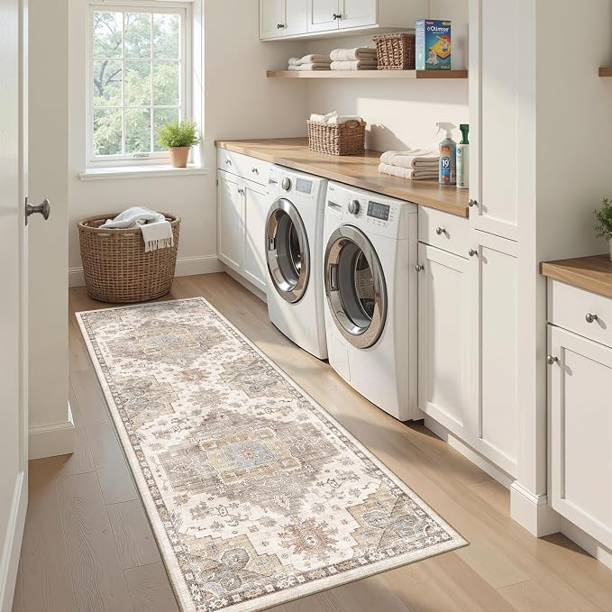 Runner Rug 2x6 Washable Vintage Area Rugs for Hallway Non Slip Laundry Rug Runner Boho Floor Carpet Runners for Entryway Laundry Room Kitchen Bathroom (2'x6',Brown)