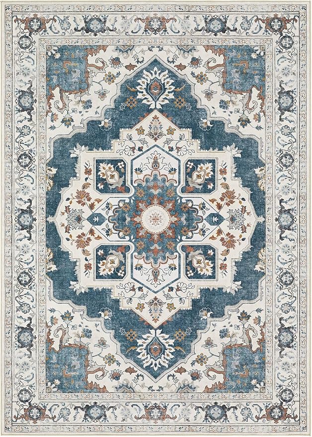 6x9 Washable Area Rug: Vintage Neutral Soft Non Slip Thin Large Floor Carpet for Living Room Bedroom Kitchen Dining Room Home Office Farmhouse Indoor - Blue