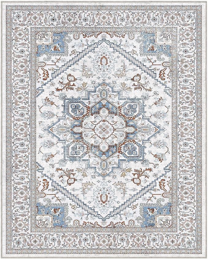OPPODREAM Soft 8x10 Area Rugs, Washable Rugs 8x10 with Non Slip Backing, Faux Cashmere Low-Pile 8 x 10 Carpet, Cream White & Blue & Light Brown