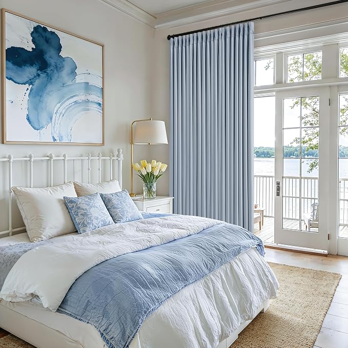 100 Inch Blackout Pinch Pleated Curtains 2 Panel Set for Living Room Darkening Thick Linen Textured 100% Black Out Drapes 100 Inches Long Pinch Pleat Light Blocking Baby Kids Bedroom Light Blue