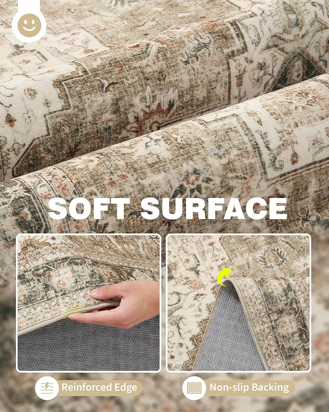 Roxstand Washable Rugs 9x12, Large Area Rugs 9x12 Living Room with Non-Slip Backing, Super-Soft Floral Vintage Rug, Low Pile Area Rug for Bedroom, Dining Room, Office (Brown/Beige, 9'x12')