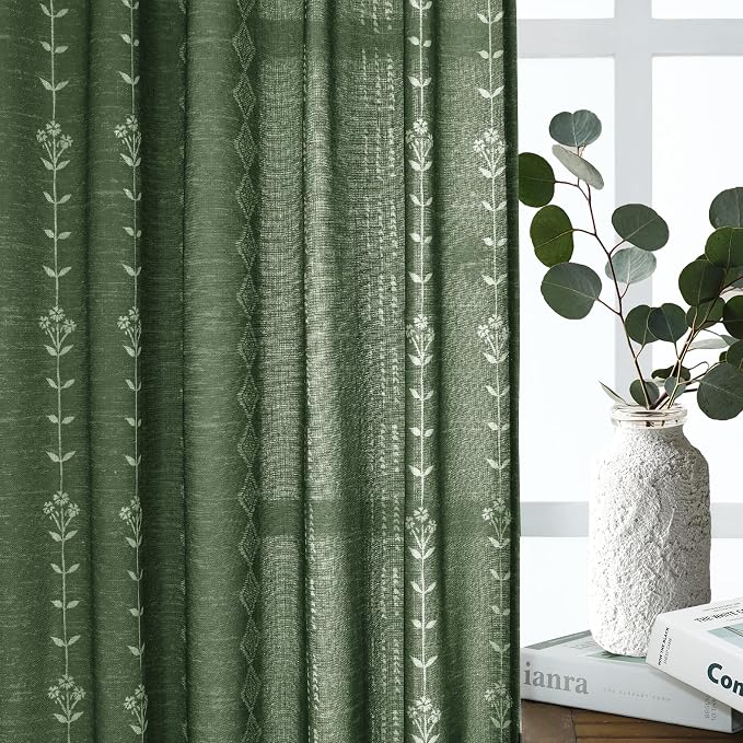 Olive Green Sheer Linen Boho Patterned Curtains 96 Inches Long 2 Panel Set for Living Room
