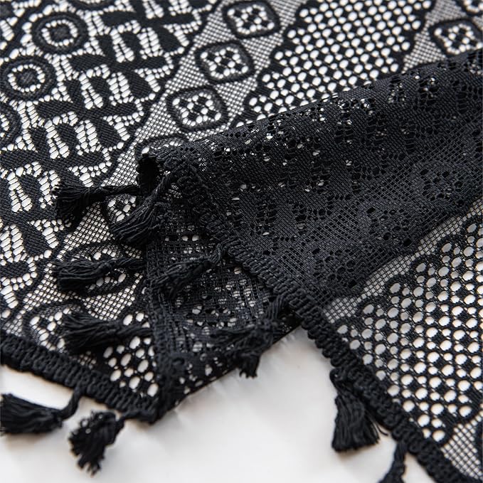Sutuo Home Boho Valance Curtains for Kitchen Crochet Lace Sheer Bohemian Hollow Knitted with Tassels, Privacy Vintage Rustic Gothic Farmhouse Drapes, Rod Pocket 1 Panel 59" W x 18" L, Black
