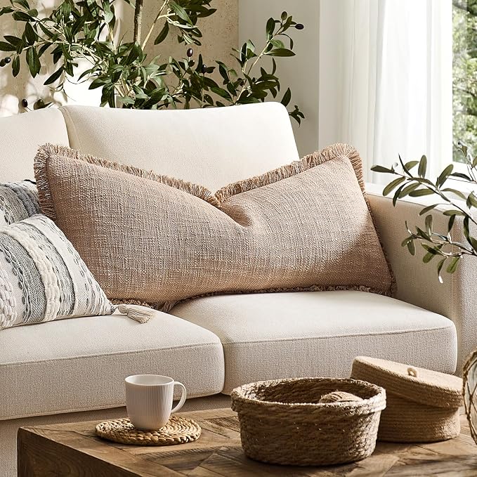 Kevin Textile 14x24 Inch Lumbar Pillow Cover 1 Pack Boho Fringe Decorative Rectangle Cushion Case with Tassels Neutral Cotton Woven Textured Farmhouse for Living Room Couch Sofa Bed, Khaki Brown