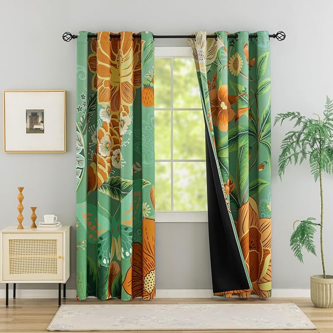 Tyrot Sage Green Boho Floral 100% Blackout Curtains for Bedroom 84 inch Long 2 Panels Butterfly Botanical Black Out Curtains for Living Room Grommet Thermal Insulated Room Darkening Drapes,52Wx84L