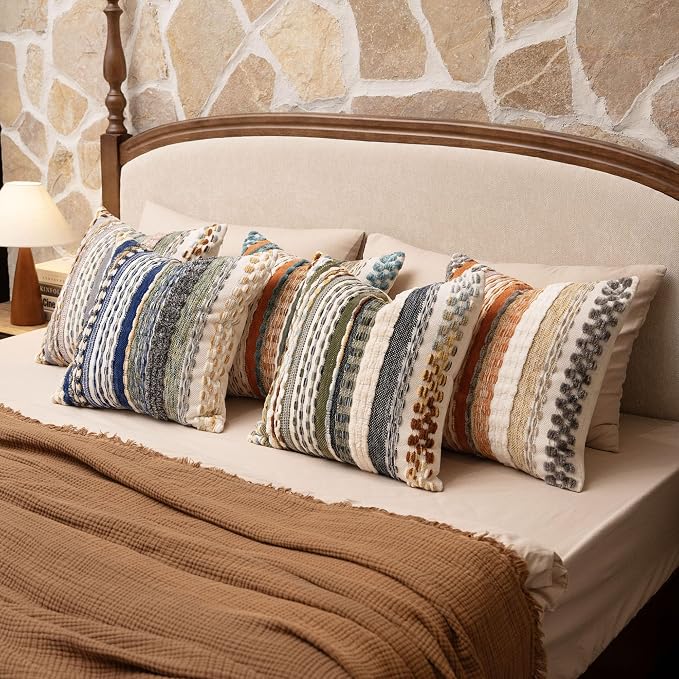 Boho Chenille Tufted Throw Pillow Covers 18x18 Inch Set of 2 Farmhouse Colorful Woven Striped Decorative Pillowcases for Couch Sofa Bed