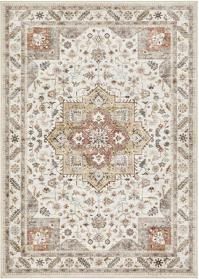 Vintage Living Room Area Rug 6x9 - Large Soft Washable Oriental Traditional Distressed Farmhouse Rugs for Bedroom - Indoor Floor Accent Carpet for Home Office House Decor - Golden Taupe