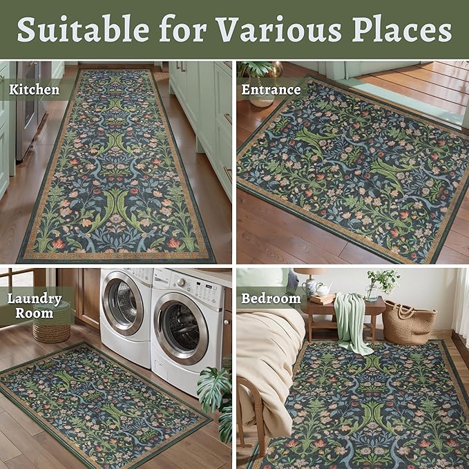 Tangsoo Green Washable Entry Rug, 2x3 Small Area Throw Rugs for Entryway Non Slip, Vintage Floral Thin Rug for Kitchen Bedroom, Low Pile Floor Carpet Front Door Mat for Entrance Bathroom Foyer Decor