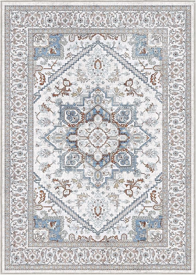 OPPODREAM Soft 10x14 Area Rugs, Neutral Washable Rugs 10x14 with Non Slip Backing, Low-Pile Faux Cashmere 10 x 14 Carpet, Cream White & Blue & Light Brown