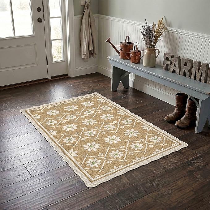 ORTIGIA Scalloped Easy Jute 3x5 Area Rug Boho Vintage Brown Floral Farmhouse Washable Rug Non-Slip Indoor Outdoor Carpet for Living Room Bedroom Kitchen Patio Entryway