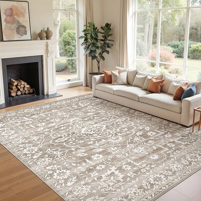 Soalmost 8x10 Area Rugs for Living Room, Washable Neutral Rug Light Brown | Vintage Floral Soft Stain Resistant Non-Slip Low Pile Thin Carpet for Dining Room Bedroom Kitchen Home Office Nursery 8'x10'