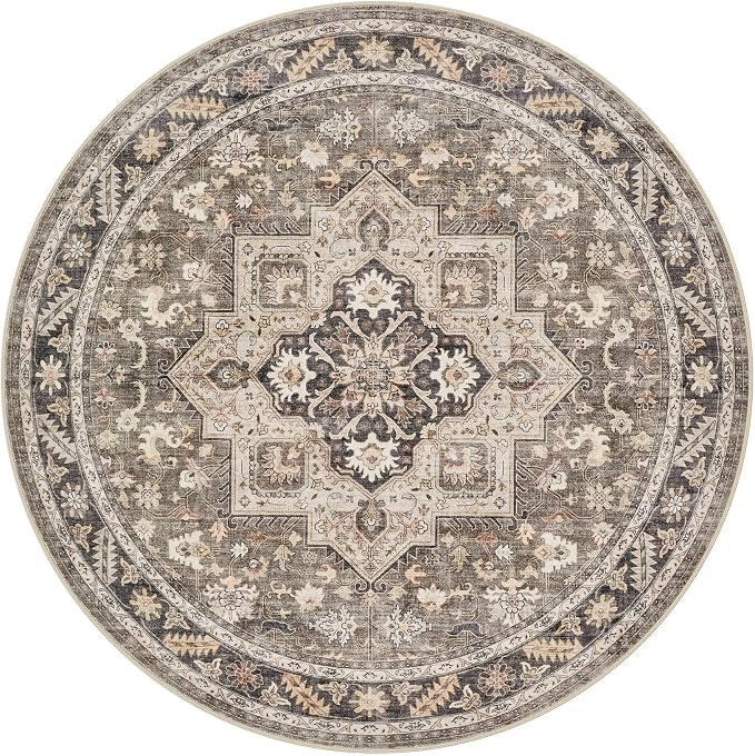 6ft Round Vintage Living Room Area Rug - 6x6 Large Soft Washable Oriental Traditional Distressed Farmhouse Rugs for Bedroom - Indoor Floor Accent Carpet for Home Office House Decor - Brown