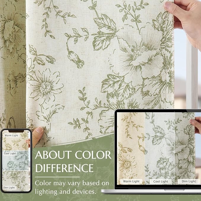 jinchan Linen Floral Tier Curtains 45 Inch Farmhouse Botanic Cafe Curtains Light Filtering Drapes for Small Windows Back Tab Half Window for Kitchen Living Room Bathroom 2 Panels Green