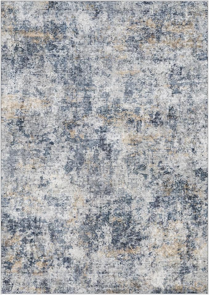 Tortania Washable 9x12 Area Rug for Living Room: Modern Abstract Neutral Large Soft Thin Rugs - Non Slip Indoor Carpet for Bedroom Dining Room Office Nursery Home Floor Decoration - Blue Grey