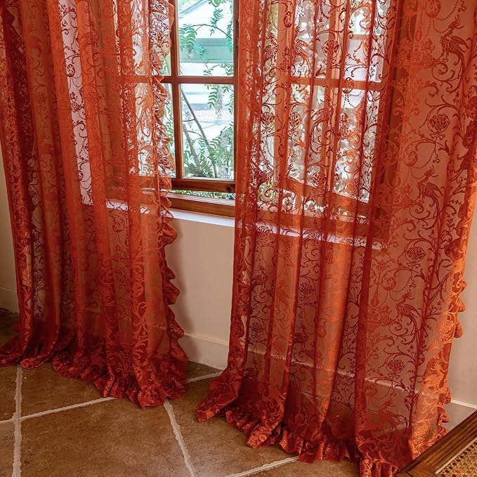 TUDECO Orange Curtains for Living Room - Bright Floral Curtains 72 Inch Length, Light Filtering Sheer Ruffled Rod Pocket Rust Room Decor 2 Panels, 59W x 72L Inch, Burnt Orange