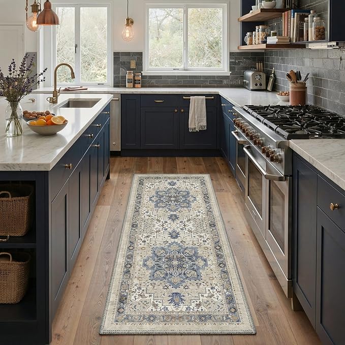GENIMO 5x7 Area Rugs for Living Room, Machine Washable Rug, Non Slip Indoor Vintage Carpet, Low Pile Lightweight Print Carpet for Bedroom Dining Room Home Office, Blue Cream