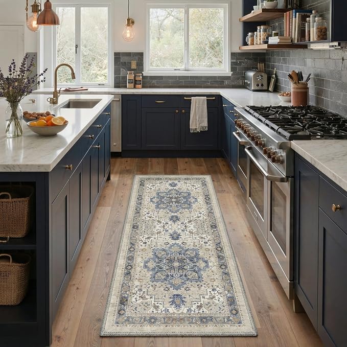 GENIMO 8x10 Area Rugs for Living Room, Machine Washable Rug, Non Slip Indoor Vintage Carpet, Low Pile Lightweight Print Carpet for Bedroom Dining Room Home Office, Blue Cream