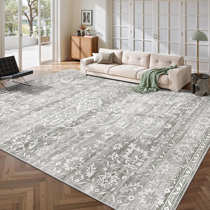 Soalmost 8x10 Area Rugs for Living Room, Washable Bedroom Soft Rug Grey | Vintage Floral Non-Slip Low Pile Stain Resistant Throw Large Neutral Carpet for Dining Room Kitchen Home Office 8'x10'