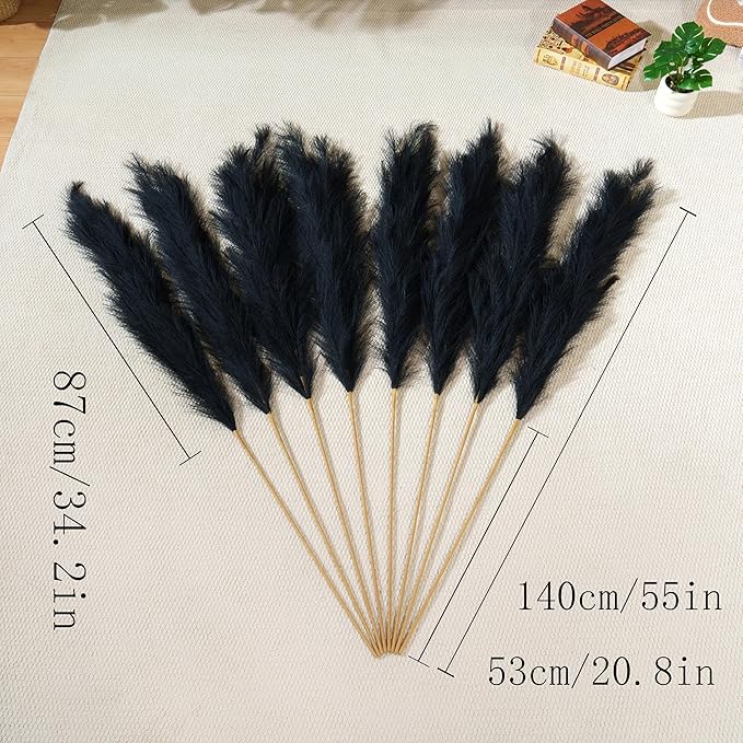 Premium Faux Black Pampas Grass – 55" 8pcs Tall Ultra-Fluffy 24-Branch One-Piece Stems No Assembly, Luxury Silk-Feel Feather Flowers for Modern Gothic Industrial Home Decor (Jet Black, 8 Stems)