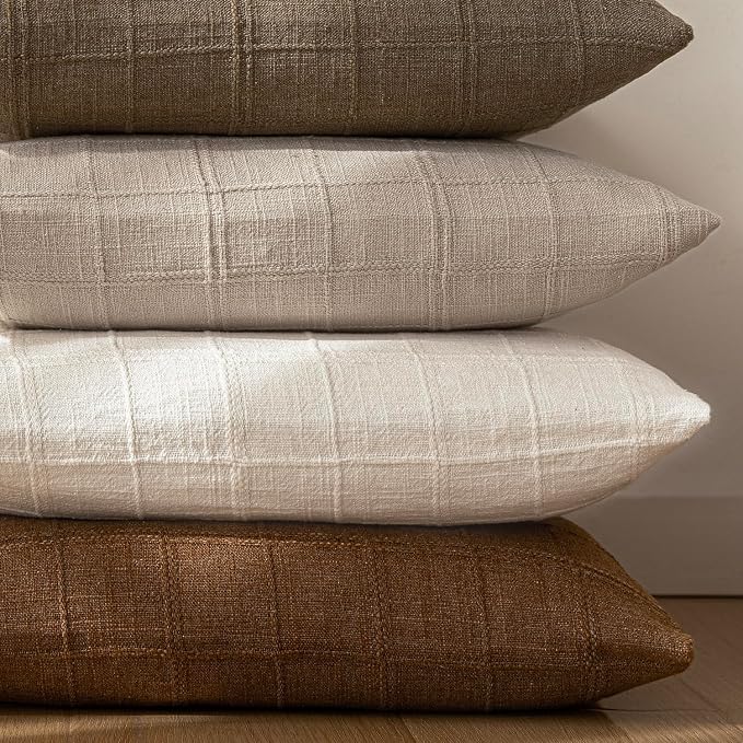 Foindtower Set of 2 Decorative Linen Check Throw Pillow Covers Neutral Long Body Lumbar Cushion Covers Farmhouse Vintage Home Decor for Sofa Chair Couch Bedroom Living Room,14×36 Inch,Natural Linen