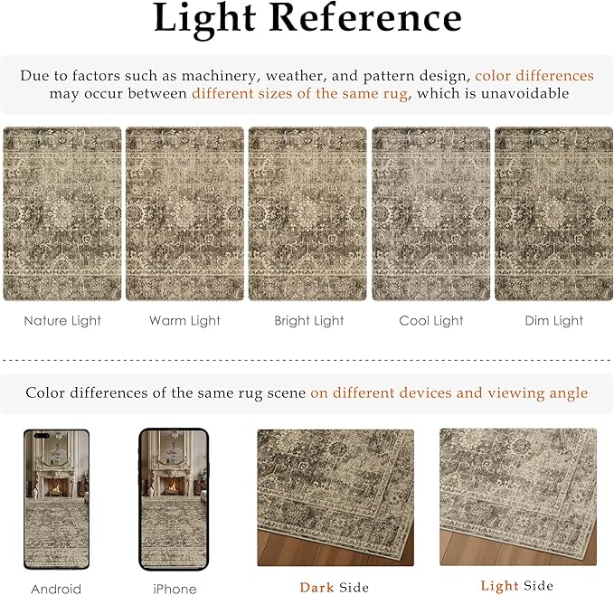 8x10 Washable Area Rug for Living Room Bedroom Brown Vintage Large Distressed Rustic Low Pile Carpet Non-Slip Soft Throw Rug for Indoor Dining Room