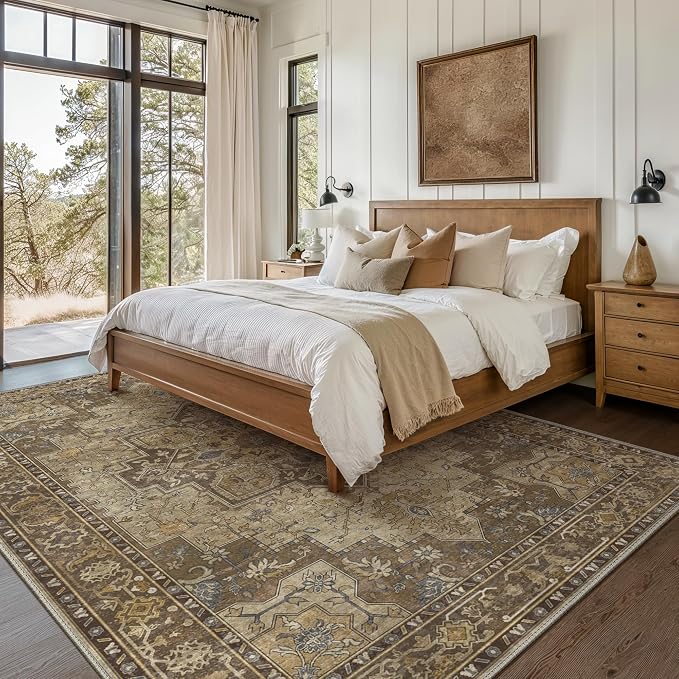GENIMO 8x10 Area Rugs for Living Room, Machine Washable Non Slip Vintage Rugs, Low Pile Lightweight Print Rug for Bedroom, Dining Room, Home Office, Rustic Brown