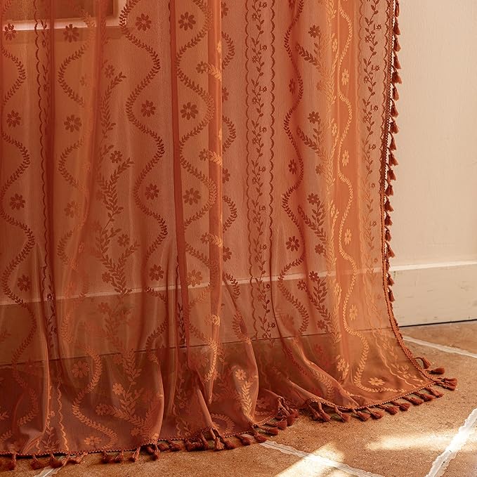 WAZZIO Boho Lace Curtains 54 Inch 2 Panels-Vintage Sheer Panel Drape Floral Pattern & Tassel Light Filtering Privacy for Bedroom Dining Living Room,Cottage Earthy Full Decor Terracotta,W52 x 54L