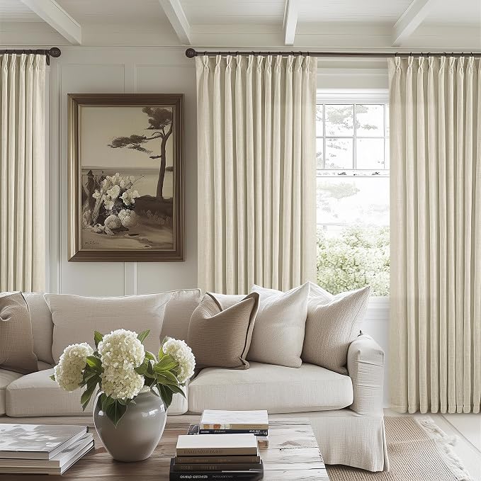 TWODRAPES Pinch Pleated Extra Wide Curtain Panels 84 Inches Long 70 Wide Linen Curtain for Patio Sliding Glass Door Beige Hooks Rings Semi Sheer Privacy 84 Inch Length for Living Room 70x84 1 Panel