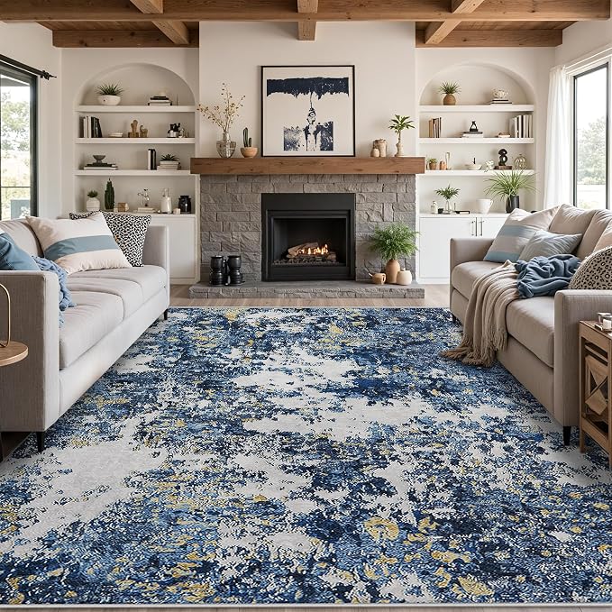 10x14 Area Rugs Living Room Rugs: Large Washable Rug with Anti-Slip Backing Non-Shedding Stain-Resistant Soft Abstract Carpet for Bedroom Dining Room Nursery Home Office-Blue/Multi