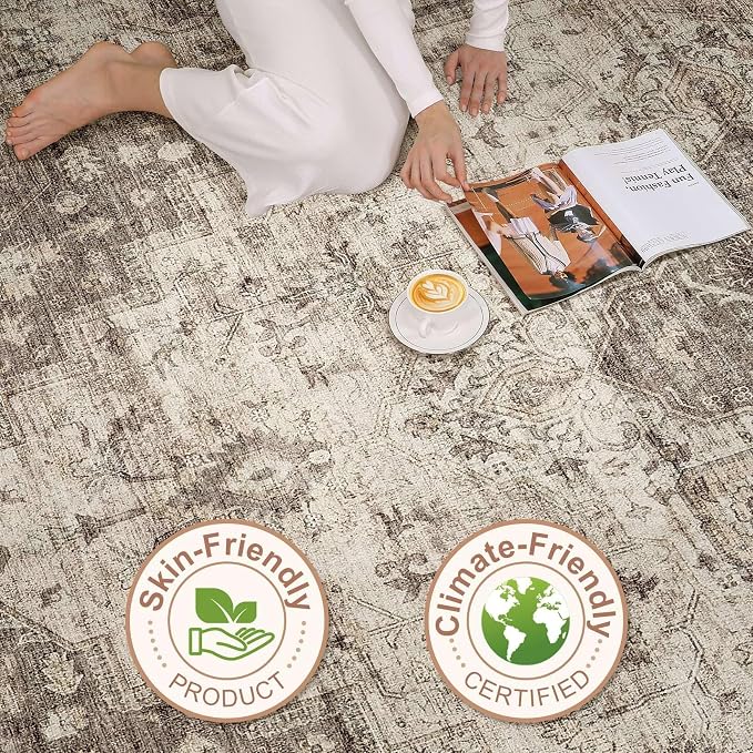 7x9 Area Rug Living Room: Washable Boho Large Neutral Vintage Soft Rug Stain Resistant Farmhouse Non Slip Indoor Floor Carpet for Bedroom Nursery Kids Playroom Office Dining Room- Tan