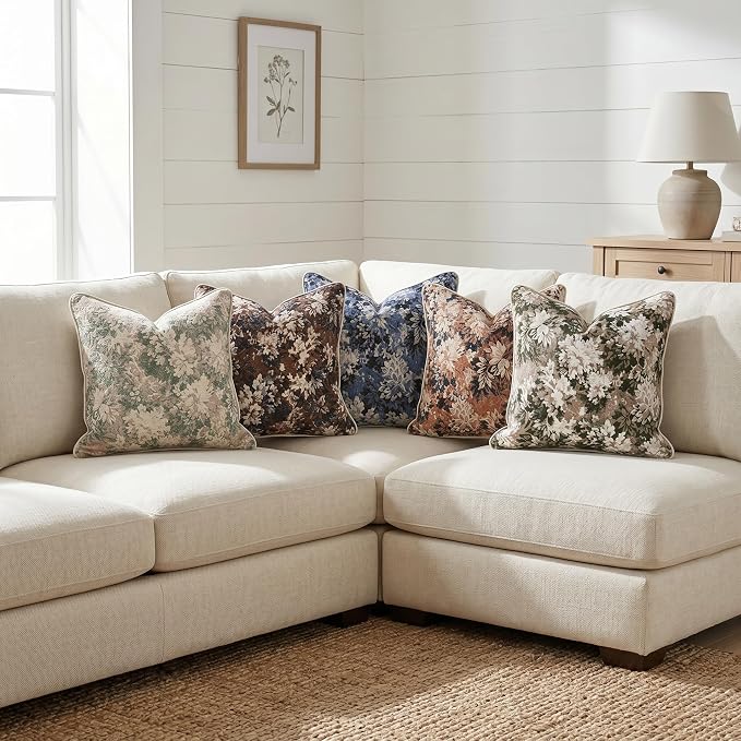 Vintage Floral Throw Pillow Covers 12x20 Inches Set of 2 Lumbar Boho Farmhouse Pillow Cases Premium Chenille Textured Decorative Cushion Covers for Couch Retro Garden Farmhouse Style Olive