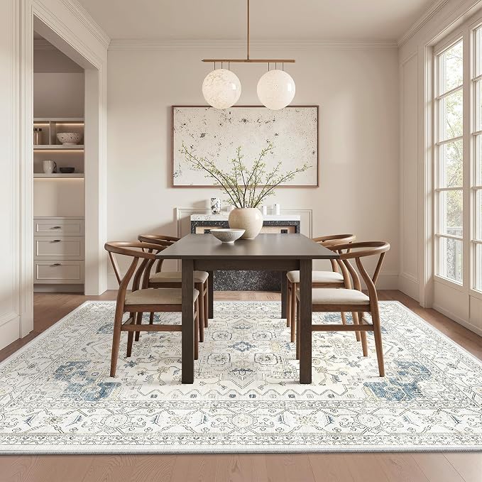 befbee Washable Rugs 5x8 - Stain Resistant 5x8 Area Rugs for Living Room, Non Slip Backing Vintage Rugs for Bedroom, Folable Machine Washable Area Rug (5'x8', BeigeBlue)