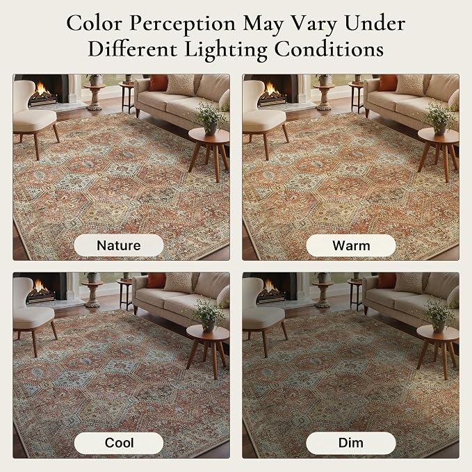 GENIMO 6x9 Area Rugs for Living Room, Machine Washable Non Slip Rugs, Low Pile Lightweight Print Rug for Bedroom, Dining Room, Home Office, Vintage Brick Red