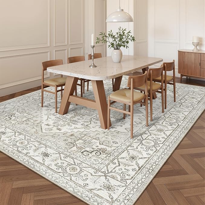 befbee 8x10 Area Rugs for Living Room, Stain Resistant Neutral Washable Rugs for Dining Room, Vintage Non-Slip Thin Large Size Beige Area Rug, Printed Vintage Home Decor Rug(Beige)