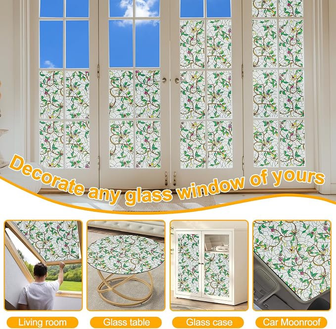 Window Privacy Film Stain Glass Window Film Rainbow Window Film Window clings Non-Adhesive Reusable Decorative for Room (Frosted Vine, 17.5 X 78.7 in)
