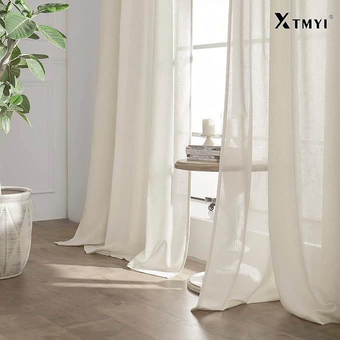 XTMYI Linen Curtains 96 Inch Long 2 Panel Set, Cream Sheer Pleated Curtain for Living Room, Modern Farmhouse Curtains for Dining Room Bedroom, Ivory Colored