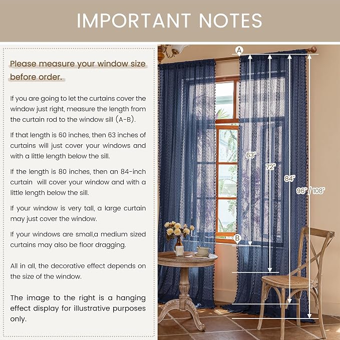 WAZZIO Boho Lace Curtains 84 Inches 2 Panel,Light Filtering Privacy Tassel & Geometry Crochet Semi Sheer Curtain Drapes for Bedroom Living Dining Room,Rod Pocket & Tassel,Navy Blue