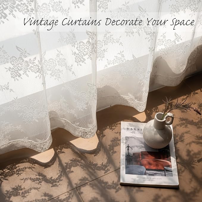 MEETSKY Short Lace Curtains 54 Inches Long Vintage Sheer Curtains for Small Windows Rod Pocket French Elegant Light Filtering Drapes, 50" W Each Panel, White, Set of 2