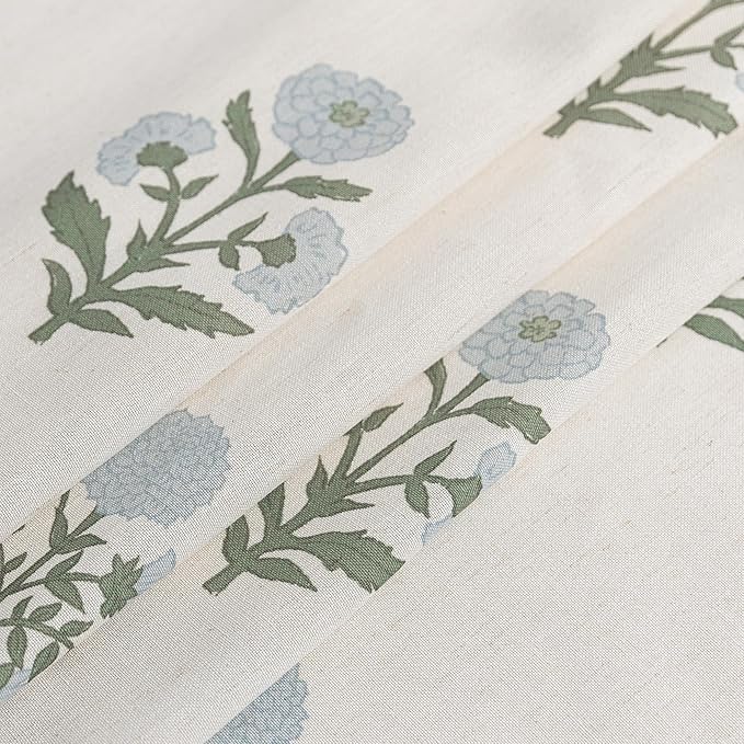 Blue Green Floral Linen Farmhouse Curtains, 84 Inch French Country Cottage Core Light Filtering Pinch Pleated Drapes, Vintage Block Print Pattern Sheer Panel for Living Room Bedroom Sliding Glass Door