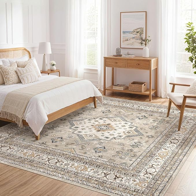 Vintage Living Room Square Area Rug 8x8 - Large Soft Washable Oriental Traditional Distressed Farmhouse Rugs for Bedroom - Indoor Floor Accent Carpet for Home Office House Decor - Beige