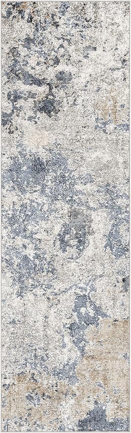 Hallway Washable Runner Rug: 3x10 Abstract Modern Soft Stain Resistant Non-Slip Backing Runner for for Entryway Kitchen Laundry - Blue Brown