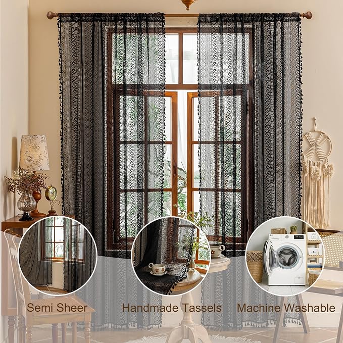 Sutuo Home Lace Boho Curtains 2 Panels for Kitchen Nursery, Semi Sheer Curtains Crochet Vintage Chic Tassels Bohemian Rustic Long Strips Privacy Window Treatments Geometry Rod Pocket, 50" x 63" Black
