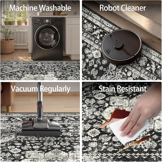 DCX Machine Washable Black Area Rug 4x6, Non Slip Stain Resistant Vintage Floral Rug for Living Room Bedroom Dining Room, Soft Low Pile Large Carpet