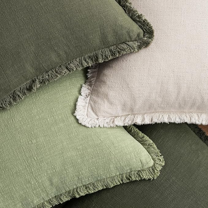 MIULEE Decorative Couch Pillow Covers Neutral Linen Fringe Throw Pillows Set of 4 Boho Farmhouse Soft Accent Cushions for Bed Sofa Living Room Spring Home Decor 22x22 Inch Beige/Sage Green