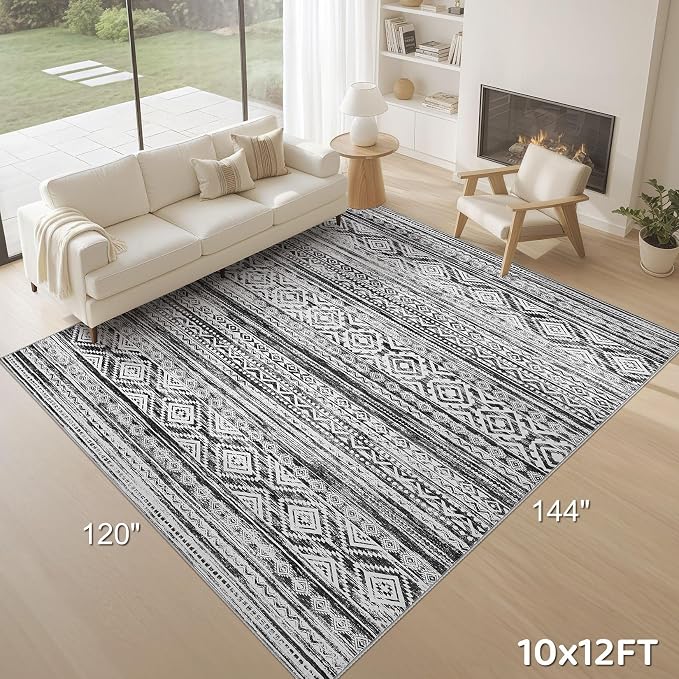cotiled 10x12 Area Rugs Living Room Rug: Washable Boho Rugs with Non Slip Backing Large Soft Indoor Stain Resistant Carpet for Bedroom Farmhouse Dining Room Lightweight Home Decor White/Black
