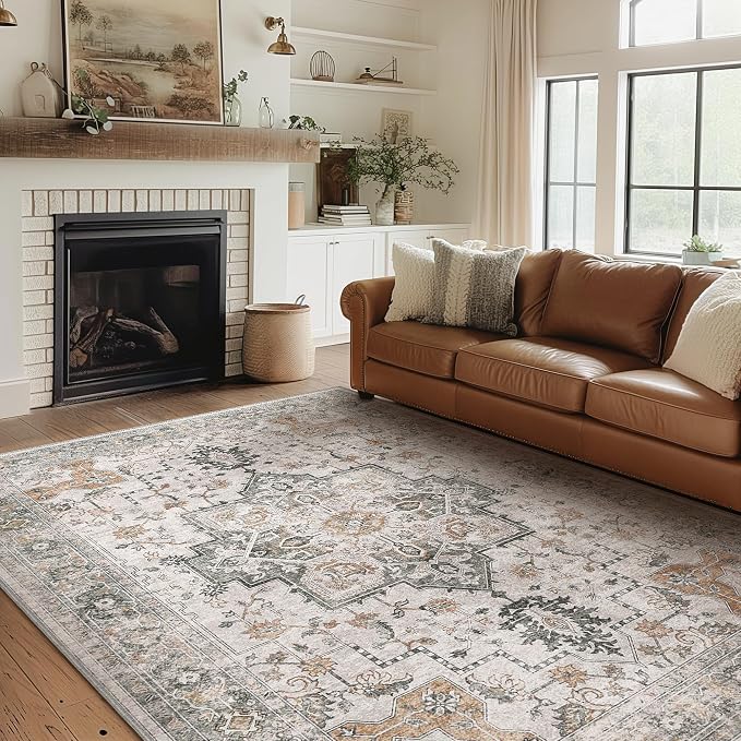 GENIMO 6x9 Area Rugs for Living Room, Machine Washable Low Pile Rugs, Non Alip Vintage Rug for Bedroom, Dining Room, Home Office, Light Taupe Brown
