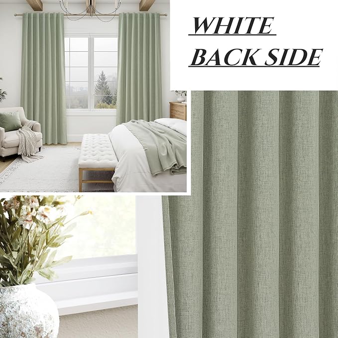 Sage Green Kitchen Curtains 54 Inch Length Small Basement Window Blackout Pleated Curtain for Winter Insulated Linen Cafe Classroom/Dorm Light Green Drapes Hook Belt/Back Tab(50"x54"x2 Panels)