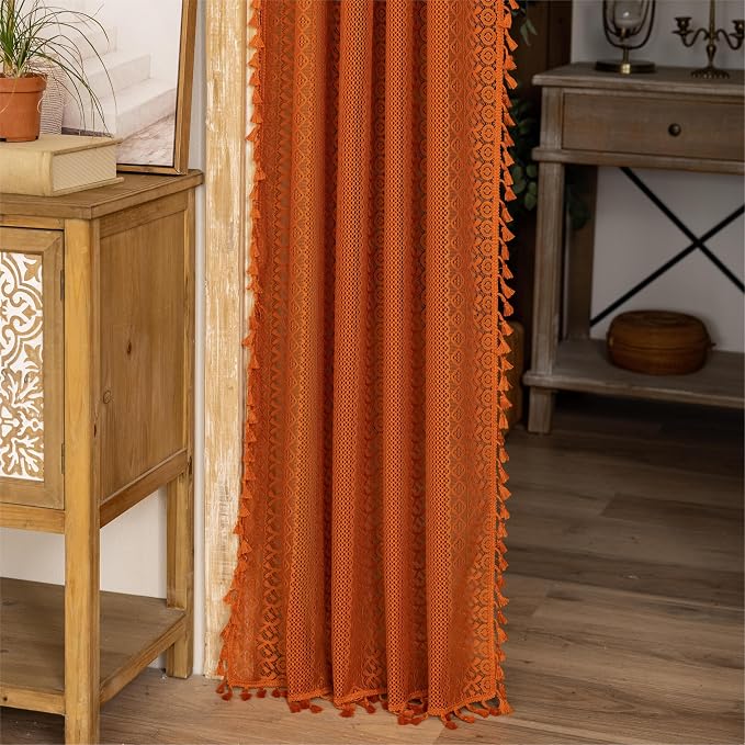 Sutuo Home Terracotta Boho Doorway Curtains for Front Door Closet,Lace Sheer Door Curtains for Doorway Crochet Vintage Chic Tassels Orange Bohemian Privacy Temporary Room Divider Rod Pocket,37" x 80"