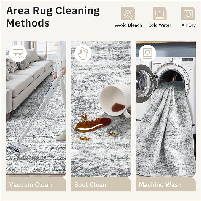 Soalmost 7x10 Area Rug for Living Room Washable Abstract Vintage Soft Thin Indoor Floor Non-Slip Carpet for Bedroom Dining Room Grey