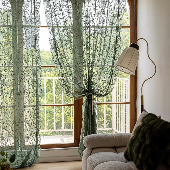 TUDECO Dark Green Curtains 96 Inch Long - Antique Embroidered Lace Sheer Curtains for Living Room, Farmhouse Summer Floral Forest Ruffle Rod Pocket 2 Panels, 8 FT 59W x 96L, Olive Green